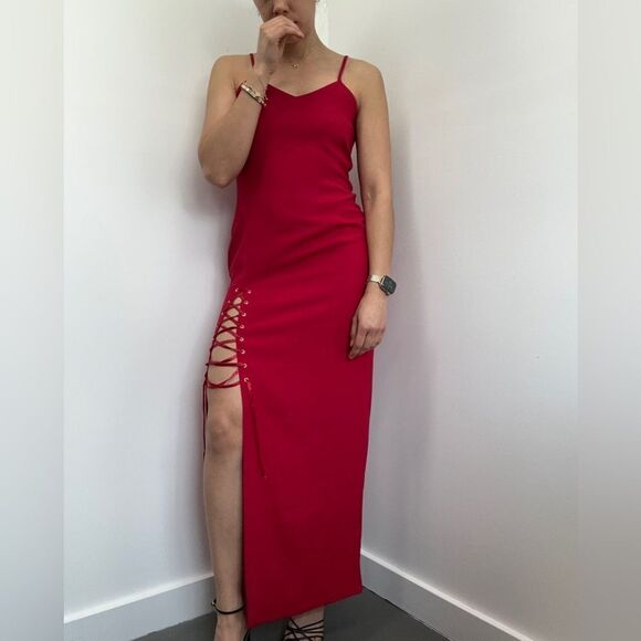 Vintage 90'S Red Spaghetti Strap High Front Leg Slit Lace Up Midi Dress Size S - Picture 2 of 10